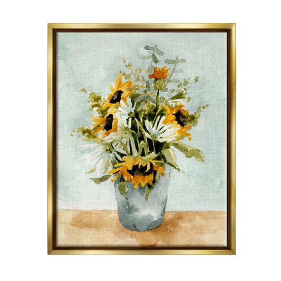 Stupell Industries Sunflower Blossom Watercolor Detail Painting Metallic Gold Floating Framed Canvas Print Wall Art, Design by Emma Caroline