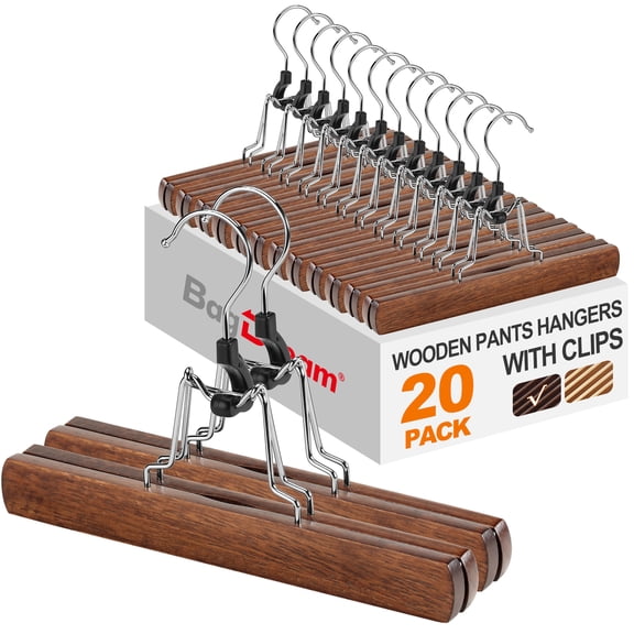 BagDream 20 Pack Wooden Pants Hangers with Clips, Non Slip Walnut Skirt Hangers Smooth Wood Clamp Hanger ith 360°Swivel Hook for Pants, Jeans, Slacks