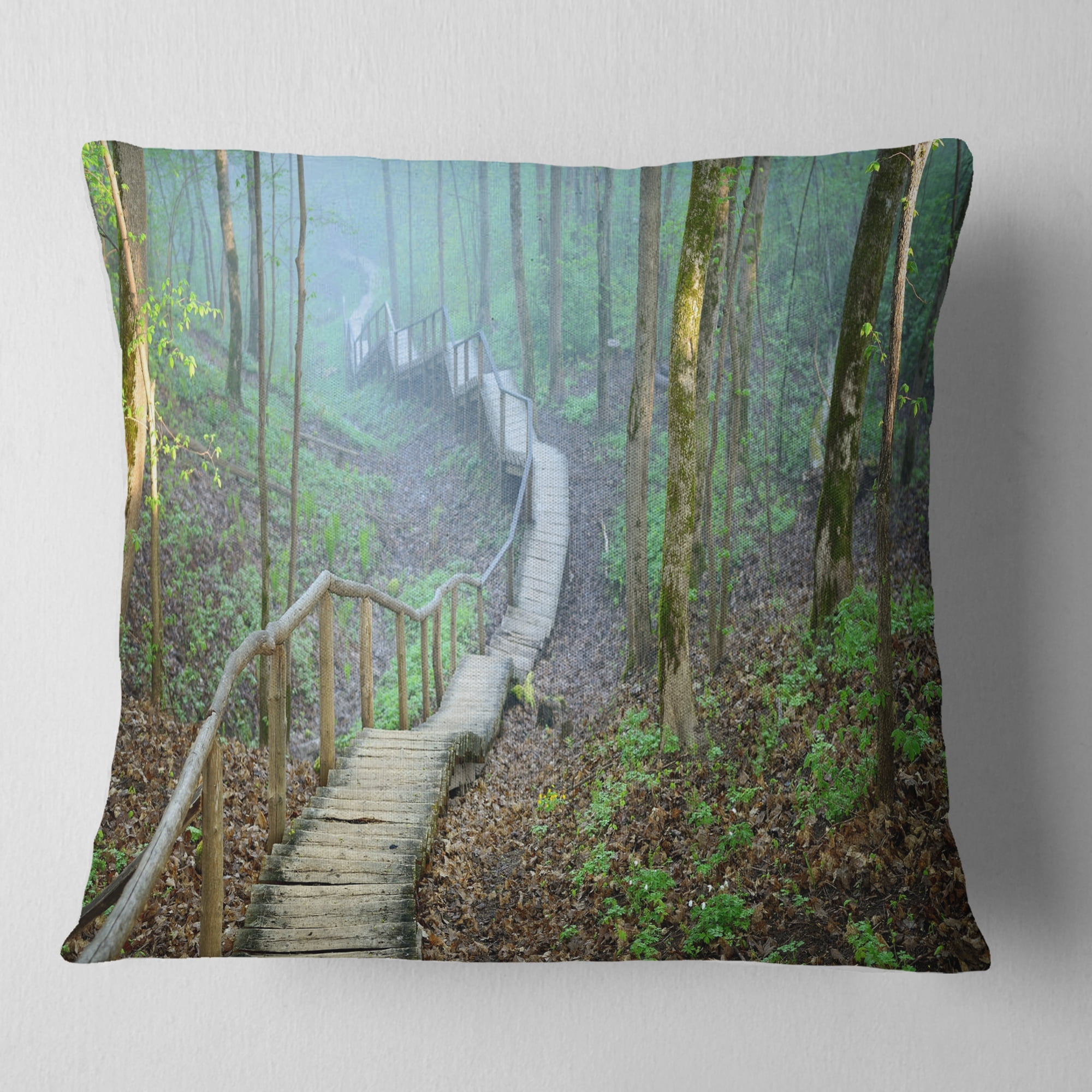 Designart Stairway Leading to Foggy Forest - Landscape Photography Throw Pillow - 16x16