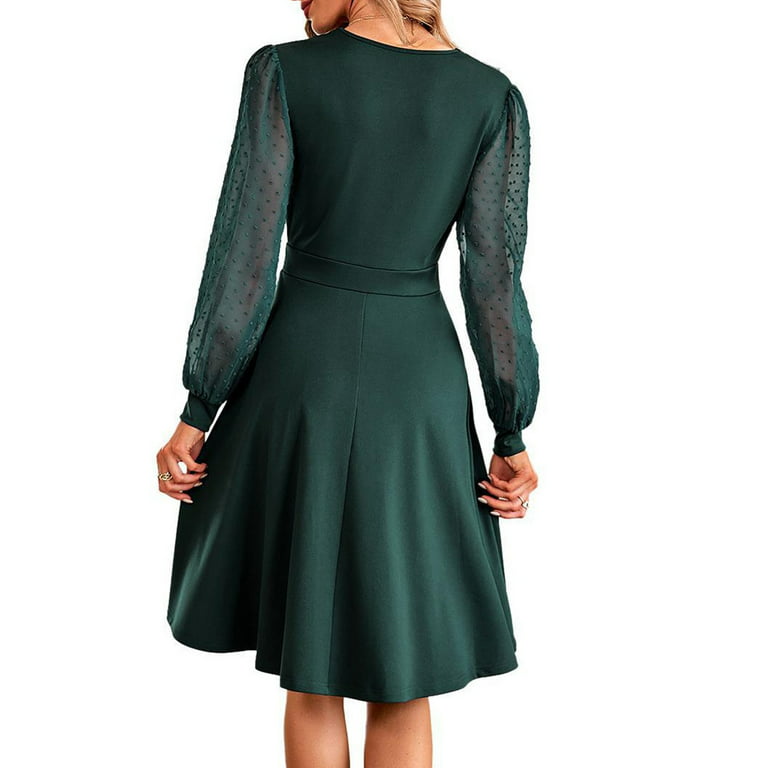 BEEYASO Clearance Summer Dresses for Women Knee Length Long Sleeve Hot  Sales A-Line Solid V-Neck Dress Green XL