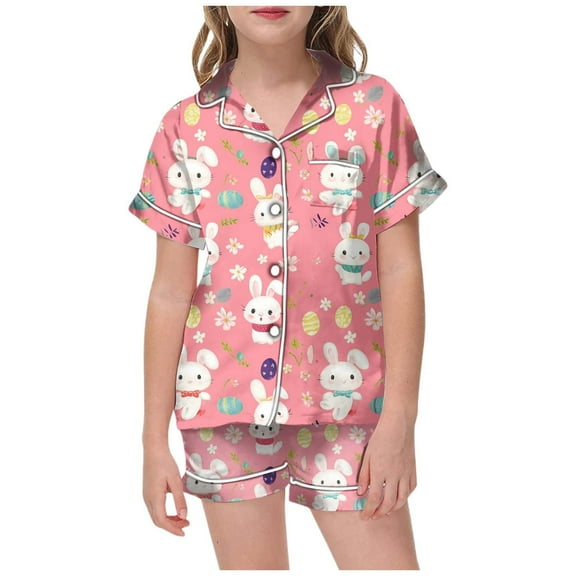 Easter Pajamas for Girls Size 16 Easter Day Printed Silky Pjs Button-Down 2 Piece Pj Set Easter Day Gift Sleepwear,Pink,130(6-7 Years)
