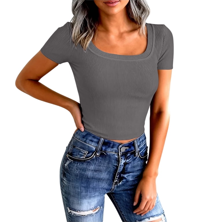 Short Sleeve Shirts for Women Crop Scoop Neck Slim Fitted Basic