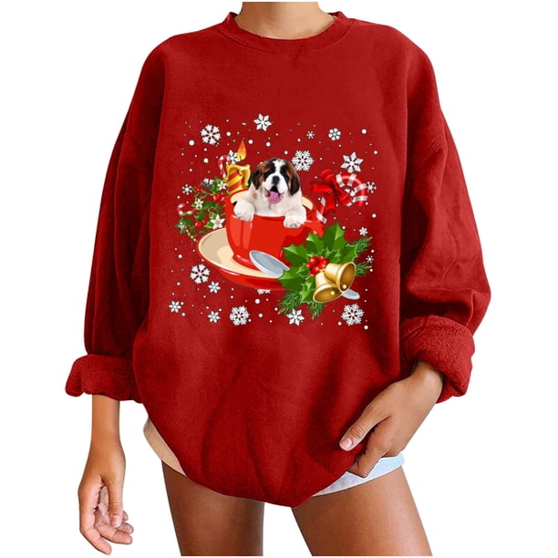 Sudadera holgada con estampado clásico de perro de Navidad de invierno para mujer Fridja fksj2145