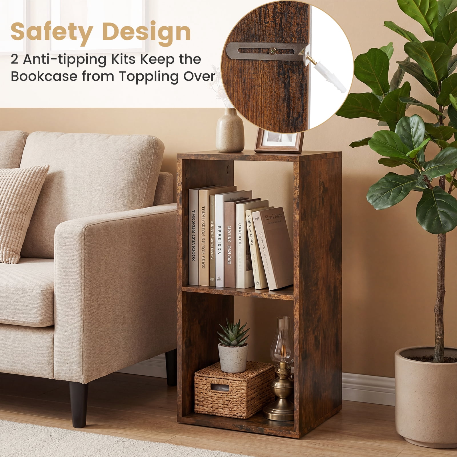 Costway 2-Cube Bookshelf, Modern Vertical Bookcase with Back Guardrail&Anti-tipping Kits Rustic Brown