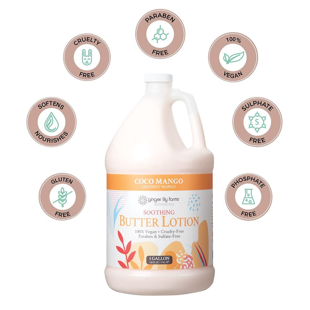 Ginger Lily Farms Botanicals Coco Mango Soothing Butter Lotion, 100% Vegan, Paraben, Sulfate, Phosphate, Gluten and Cruelty-Free, 1 Gallon