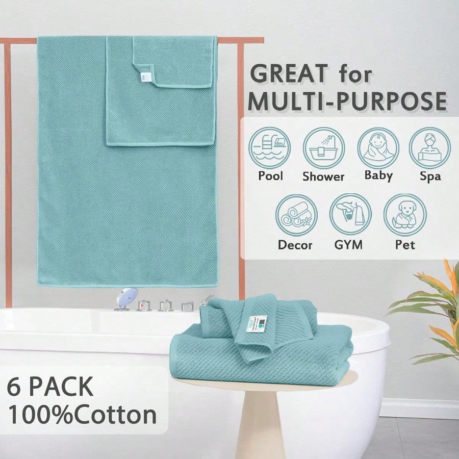 Towels for Bathroom 100 Cotton Lightweight Thick Soft Quick Dry Towels Bath Towel Set of 6 Large 2 Bath 30x56 2 Hand 18x28 2 Washcloths 13x13 Luxury Shower Towel Set Aqua Teal