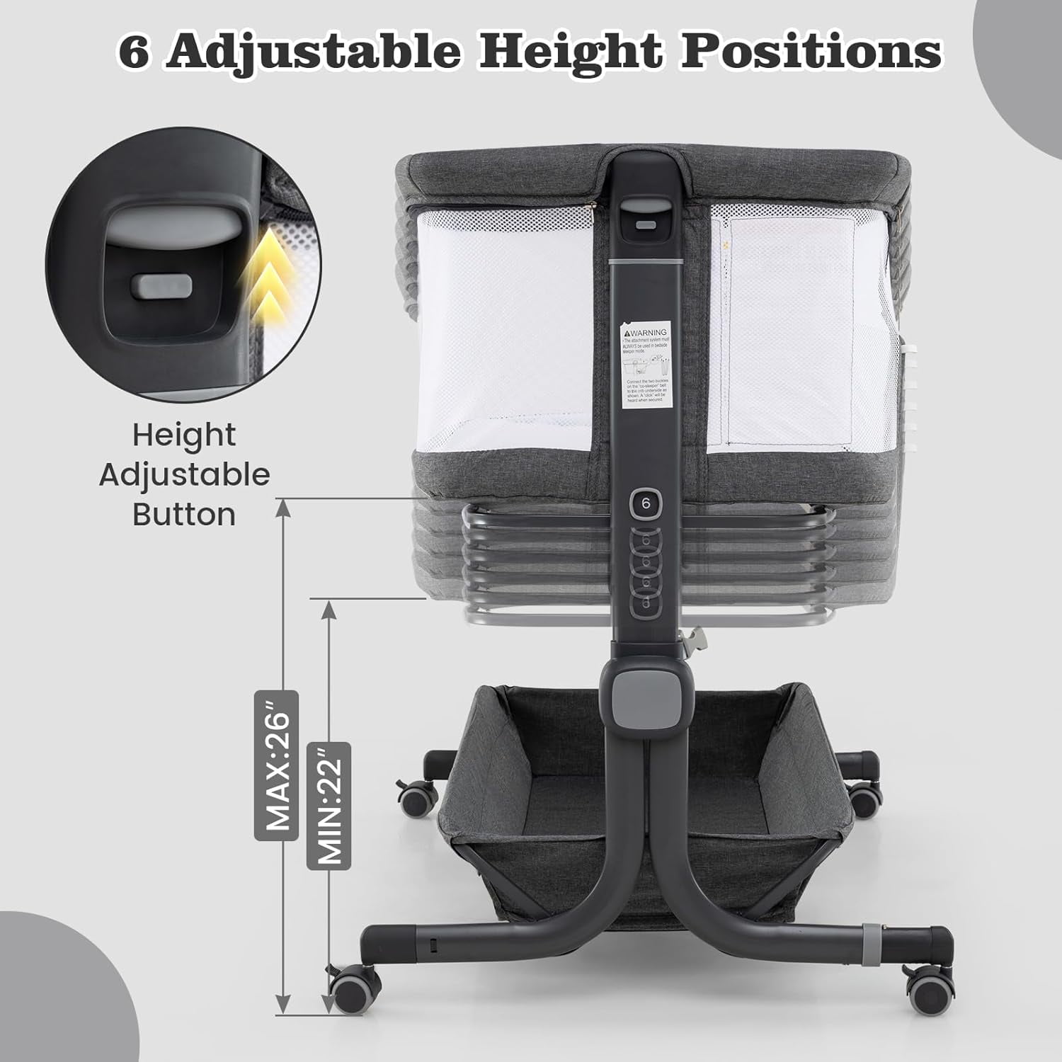 OLAKIDS 3-in-1 Baby Bassinet, Bedside Sleeper with Comfy Mattress, Wheels, 6-Height Adjustable, Storage Basket, Travel Bag, Portable Mesh Crib, Gray