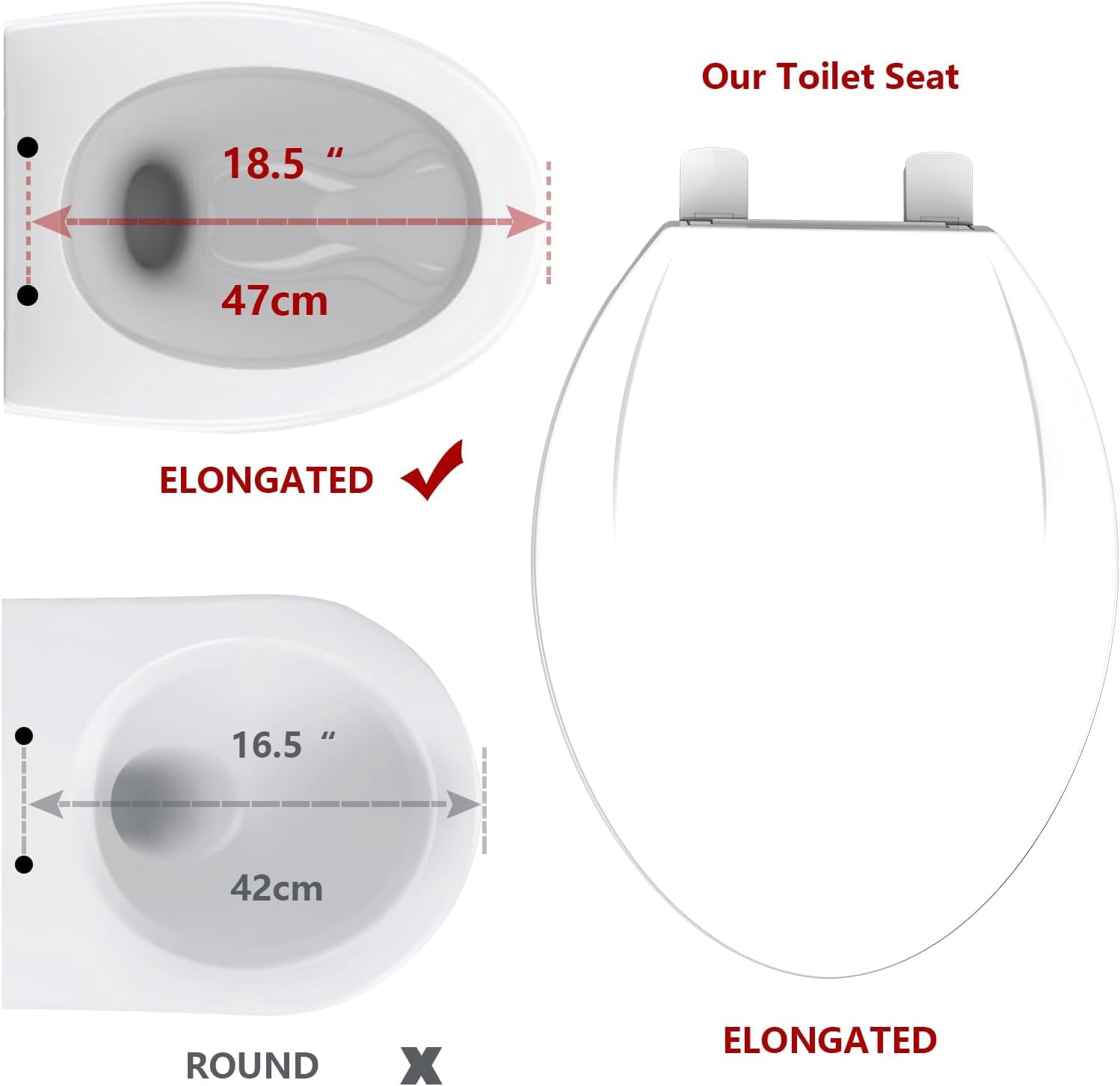 M optimized Toilet Seat, Plastic Toilet Seat With Soft Close, Never Loosen, Easy Clean, 17inch / 19inch Round Toilet Seat, Elongated Toilet Seat
