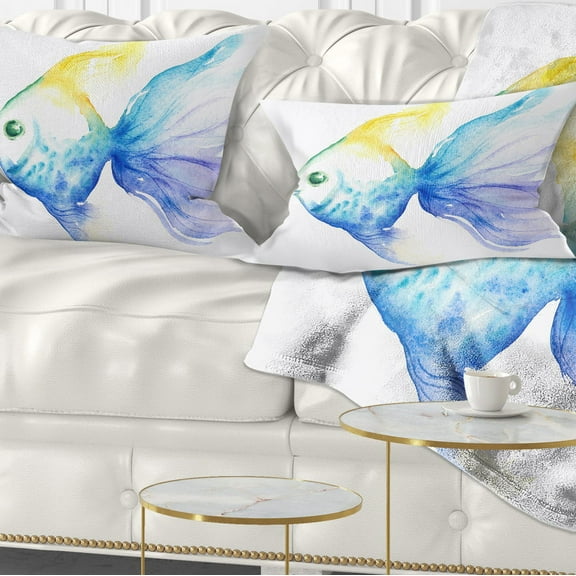 Designart Lovely Blue Fish Watercolor - Abstract Throw Pillow - 12x20
