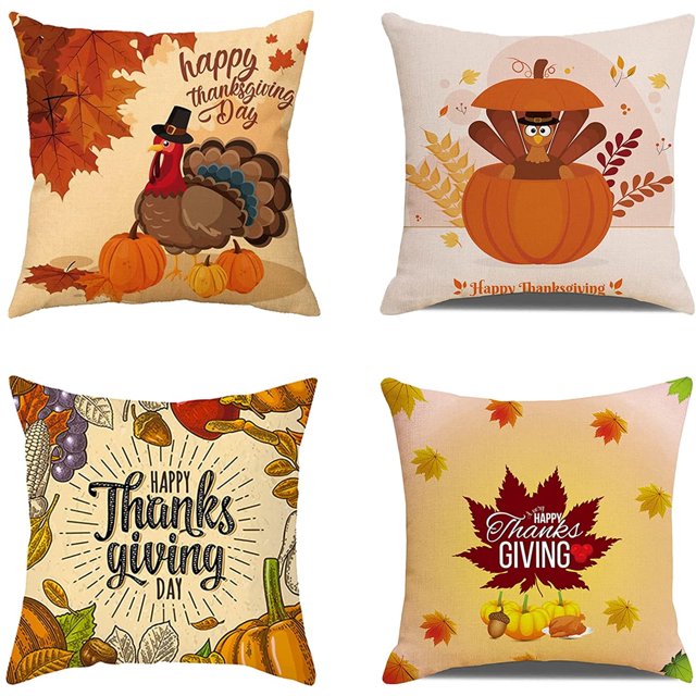 Fundas de almohada de Acción de Gracias, juego de 4, 18 x 18 pulgadas, otoño, pavo, calabaza, hojas caídas, fundas de almohada para decoración de cosecha de otoño, almohadas decorativas de otoño,