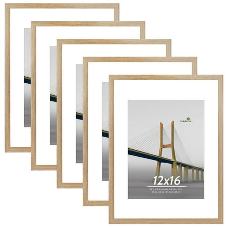 scholartree 5-in-1 contemporary gallery picture frame set, 12 x 16 wall picture frames, brown