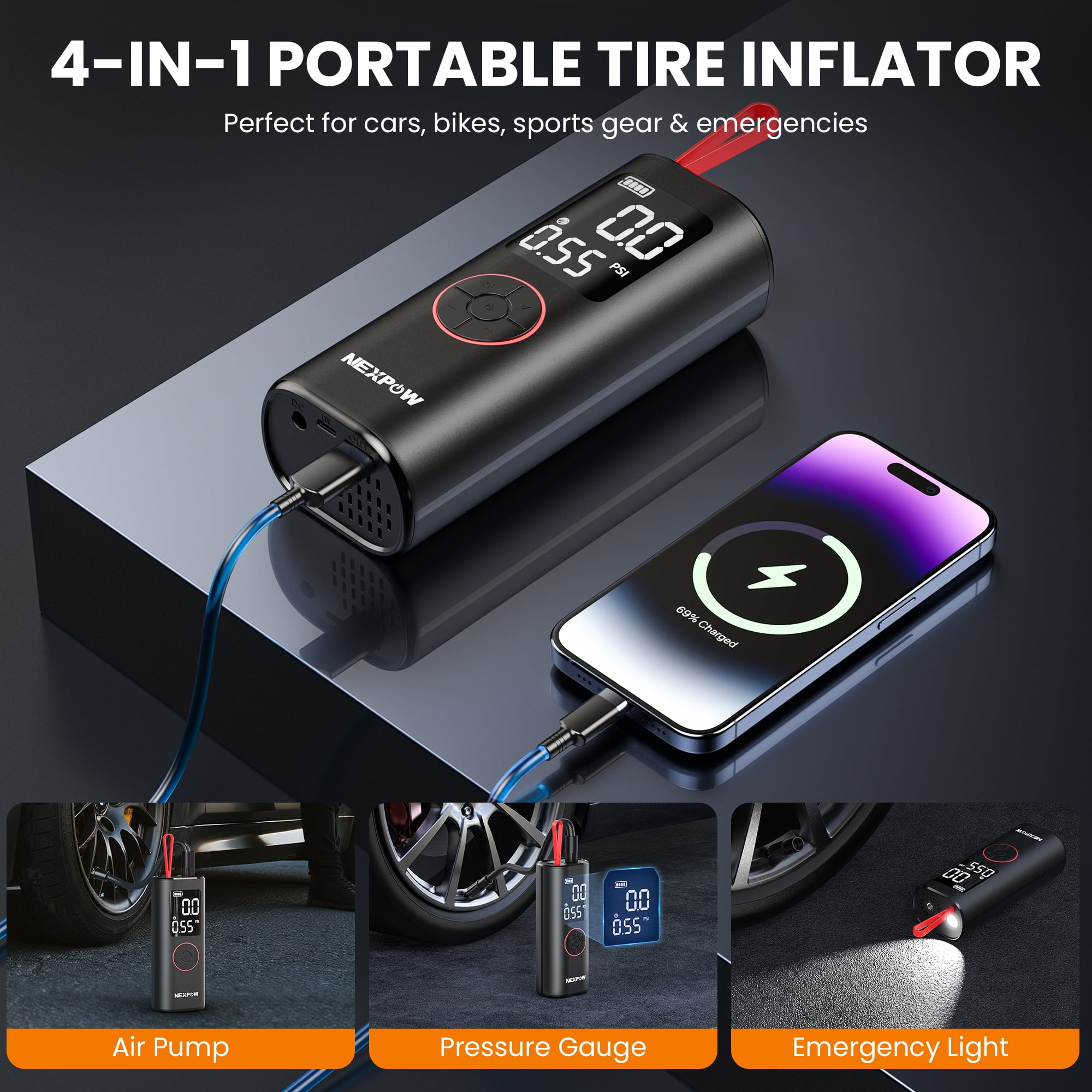 NEXPOW Tire Inflator Portable Air Compressor, 150PSI Air Pump for Car Tires with Auto Shut-Off, Emergency LED Light