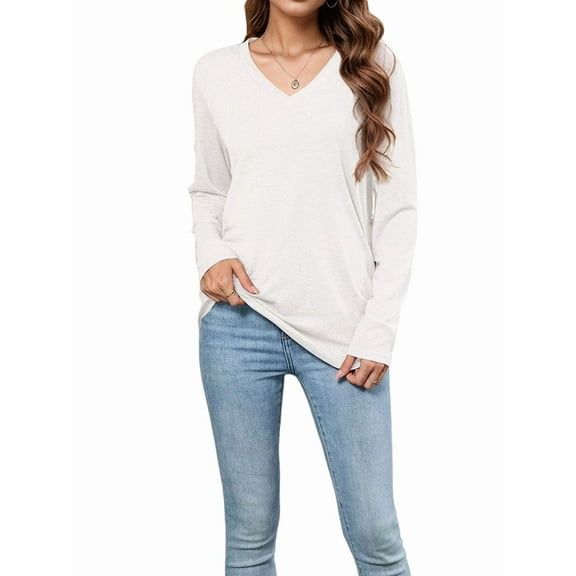 Womens Long Sleeve Shirts V Neck Casual Tops Loose Dressy Basic Fall Fashion Trendy Outfits Winter Clothes White XL