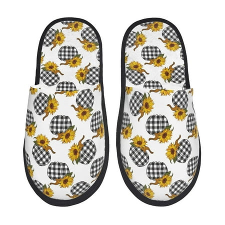 Balery plaid Pumpkin Daisy Slient Indoor Furry Fleece Comfort House Shoes Soft Non-Slip Home Shoes Cotton slippers House Slippers-- Medium
