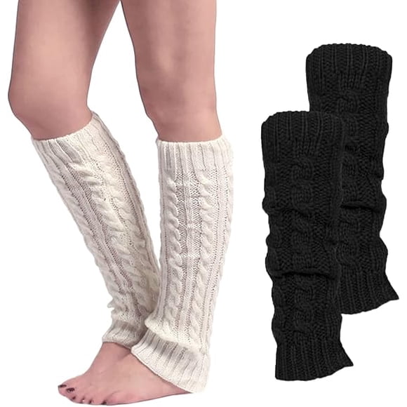2 Pairs Women's Leg Warmers, Winter Soft Knit Crochet Braided Pattern, Winter Warm Braided Knit Girls Winter Warm Socks for Women and Girls