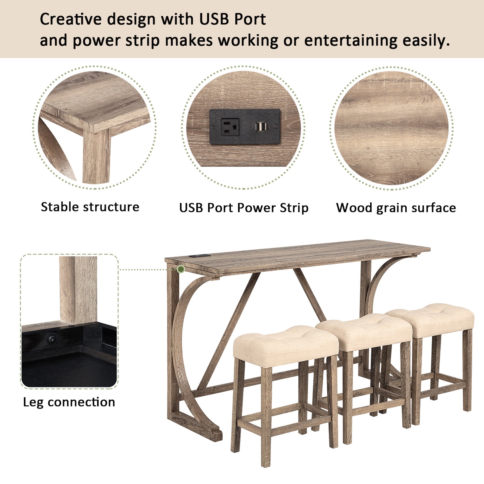 LUCKHAO 4-Piece Counter Height Bar Table Set with Socket and 3 Fabric Padded Bar Stools, Tall Kitchen Breakfast Dining Table Set with Stools