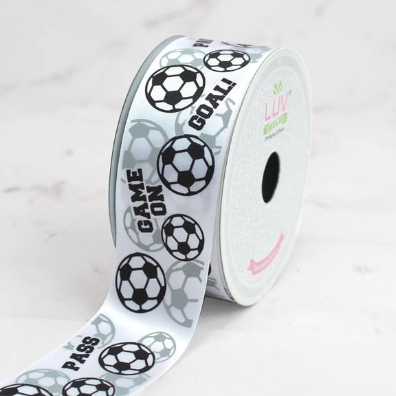 LUV Ribbon Satin 1.5" Inch Soccer Game On Ribbon, 10 Yards, White