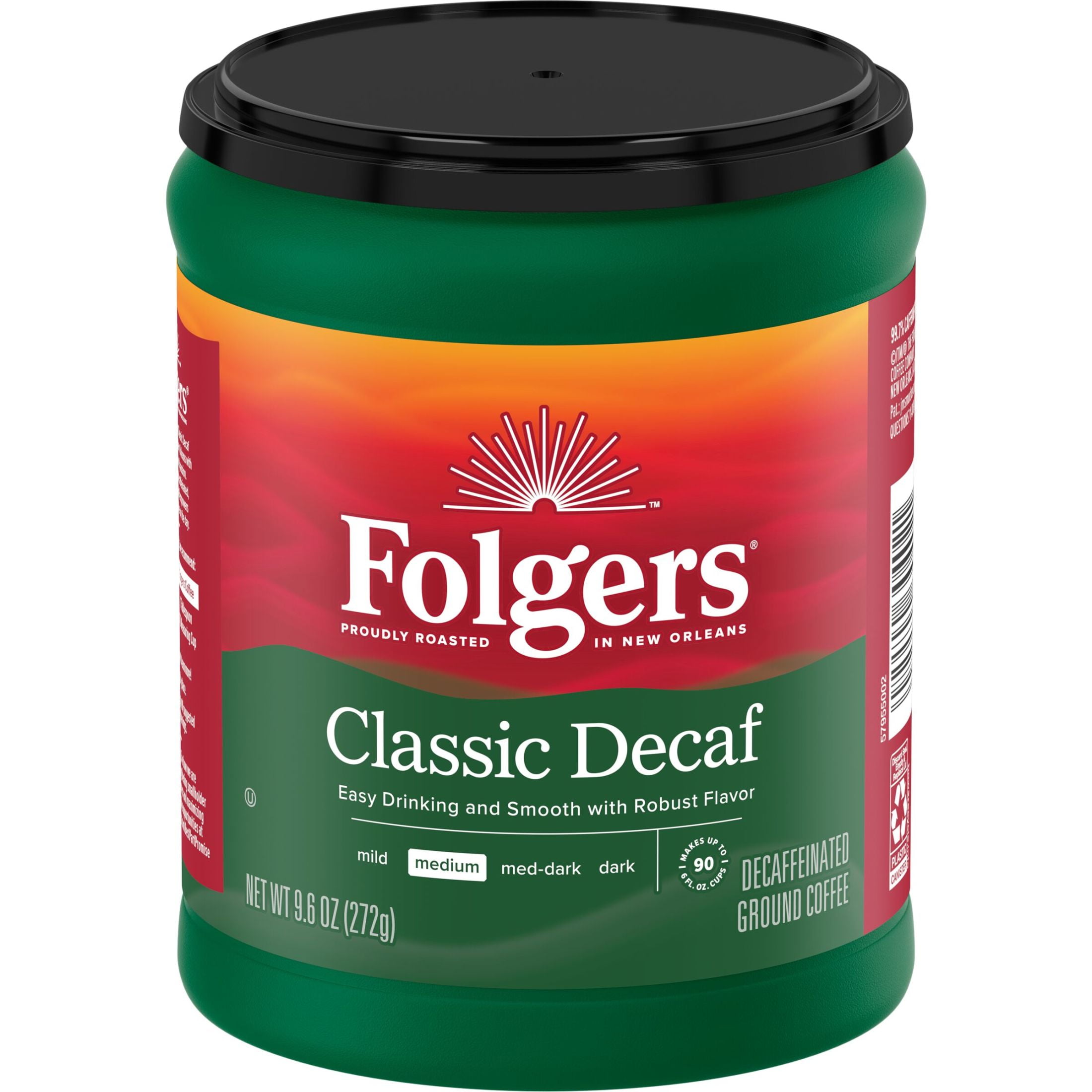 (6 pack) Folgers Decaf Coffee, Ground Coffee, Classic Medium Roast, 9.6 oz Canister