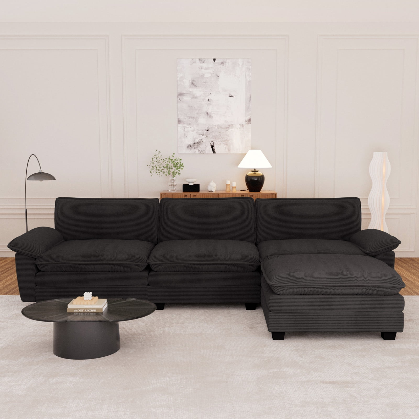 Muumblus Modular Sectional Cloud Couch with Ottoman, Oversized L-Shaped Corduroy Sofa for Living Room, Black