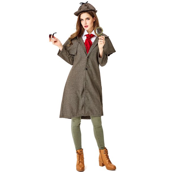 Gupgi Women Private Investigator Cosplay Outfit, Autumn Loose Houndstooth Coat+Hat+Scarf