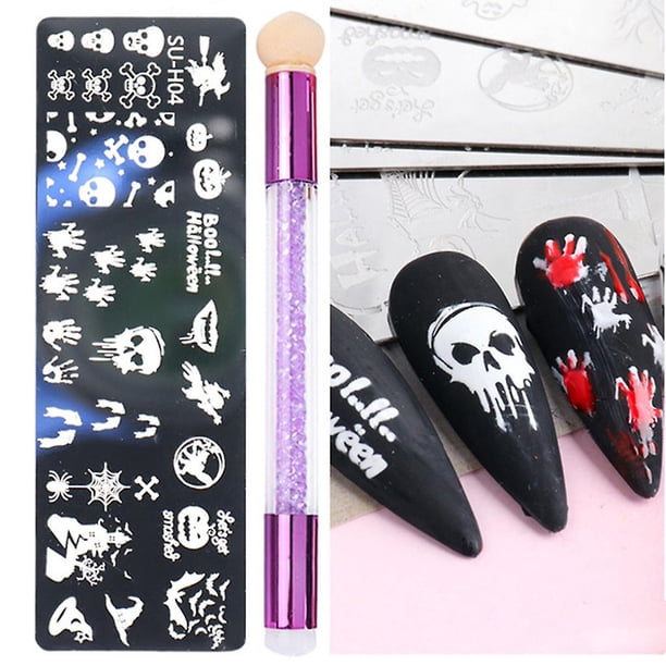 Placa de estampado para decoración de uñas, de acero inoxidable, con forma de esponja, con forma de calabaza y murciélagos, para plantillas de estampado de uñas, para bricolaje, para Navidad, 4