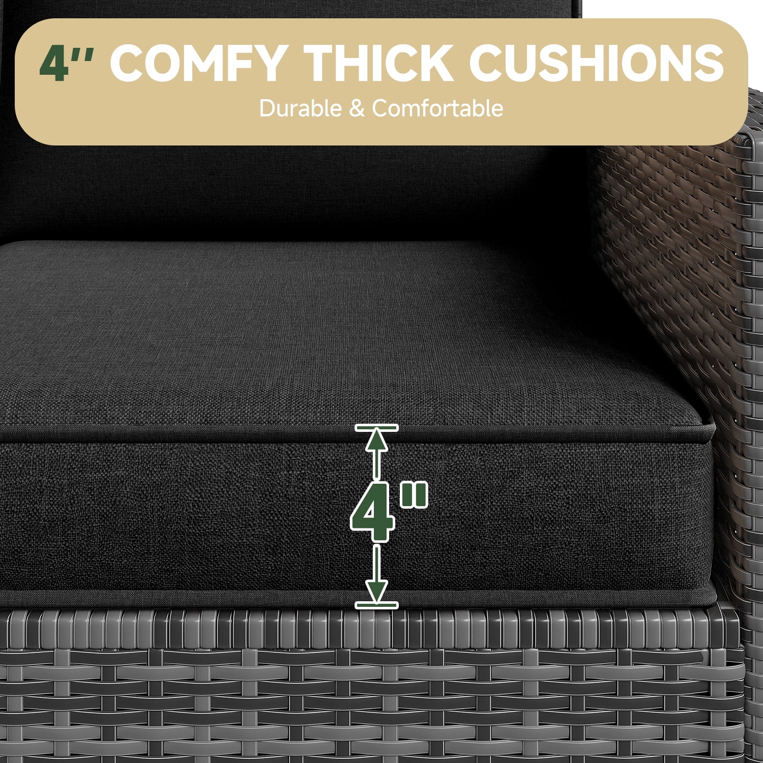 BaPiPro 4-Person Black Outdoor Sectional Sofa Cushions, Waterproof Polyester Patio Cushions with High-Density Sponge, No Assembly Required, for Backyard, Balcony, Deck, Poolside