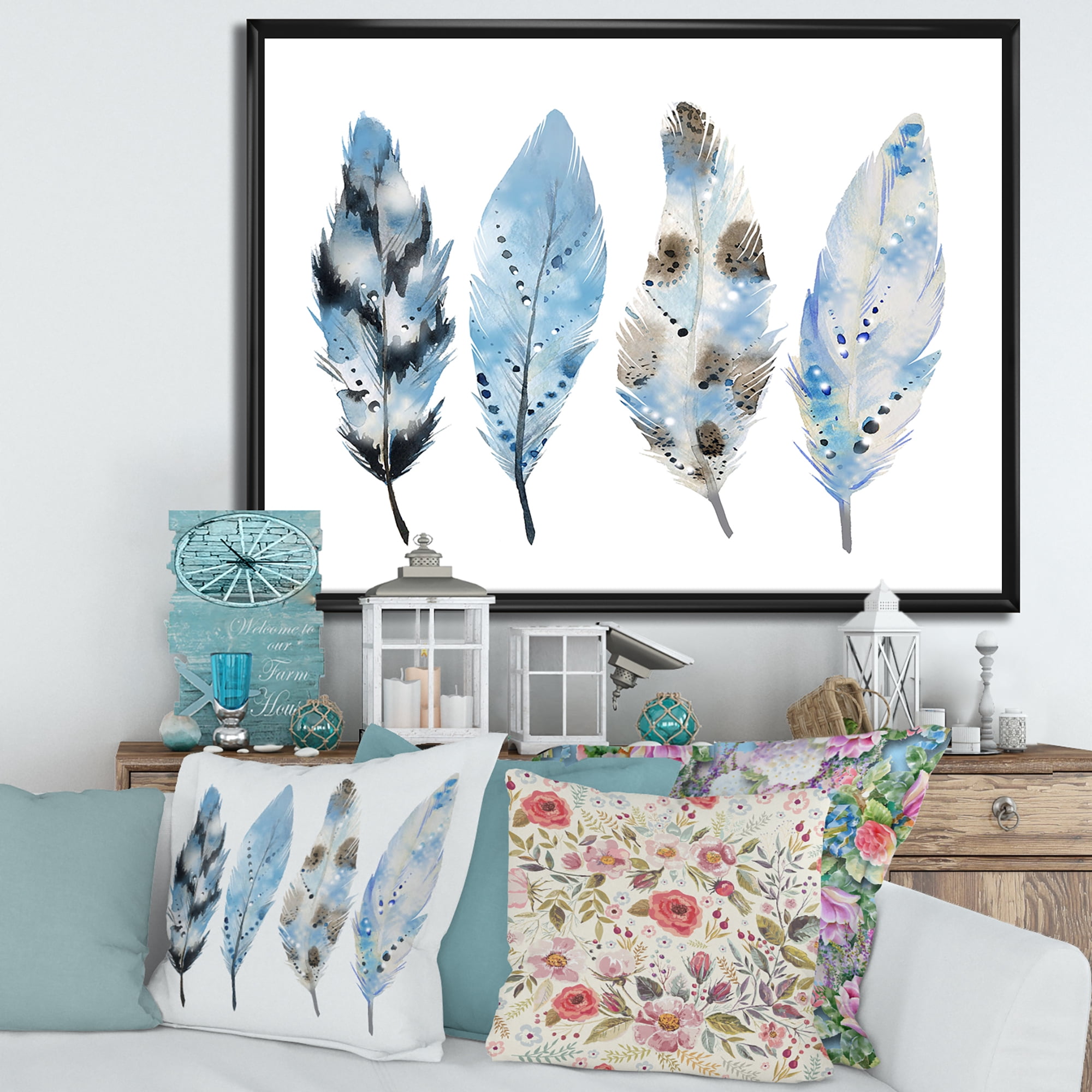 Designart 'Abstract Blue Boho Feathers I' Bohemian & Eclectic Framed Canvas Wall Art Print