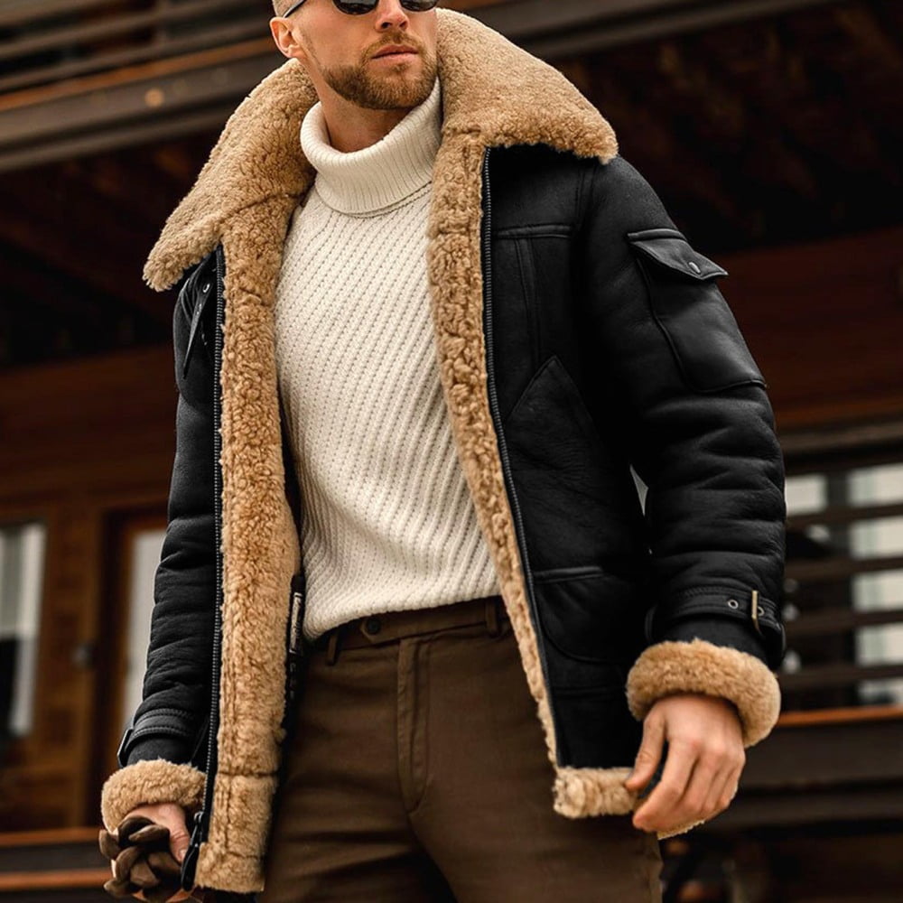Men's Warm Leather Jacket with Unique Fashion Fur Suede Collar Ideal Gift for Extreme Winters L Black