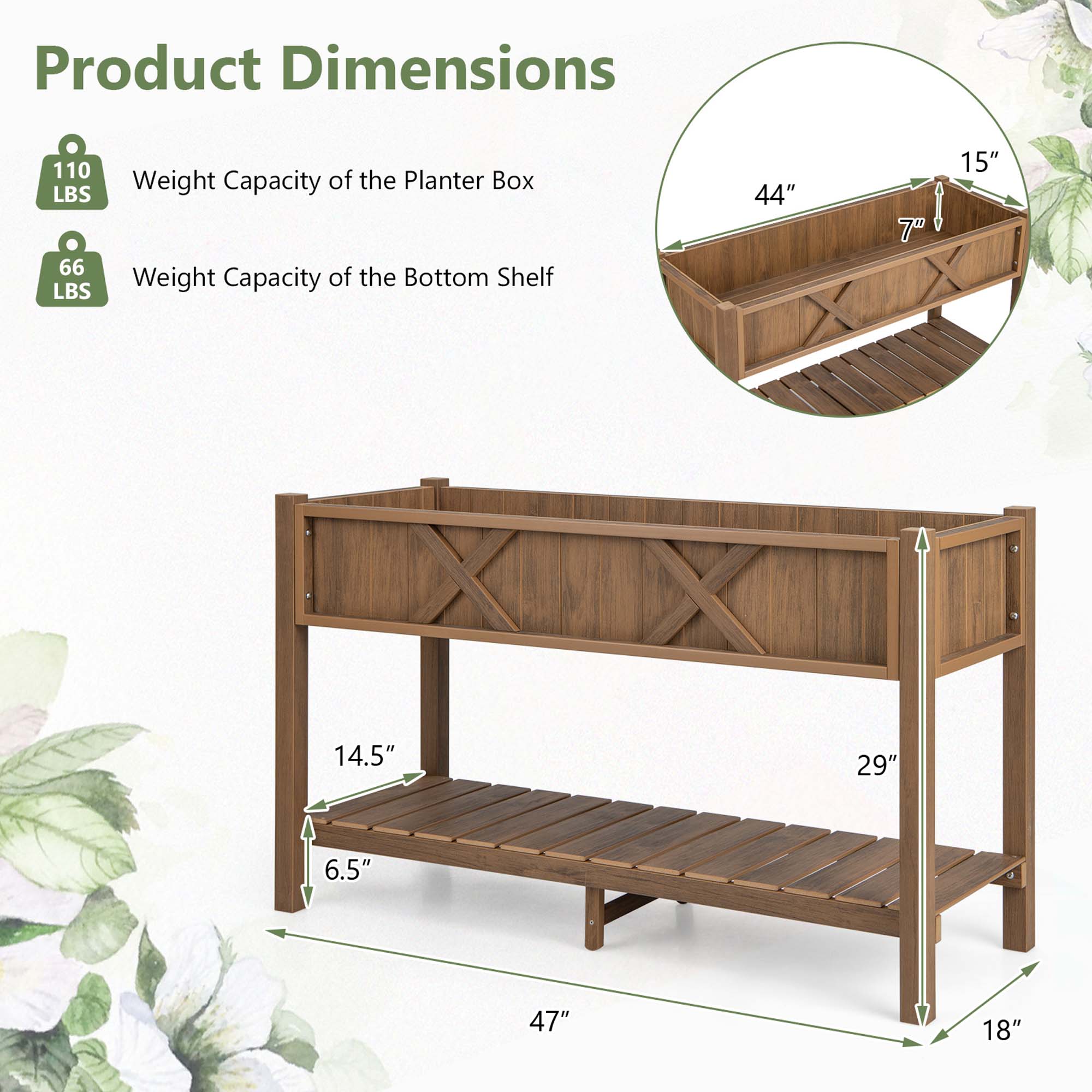 Costway HIPS Raised Garden Bed Poly Wood Elevated Planter Box with Legs, Storage Shelf Coffee