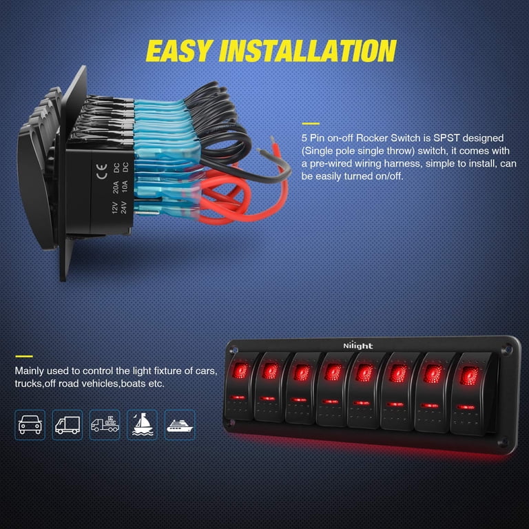 12v 24v Switch Panel Nilight 8 Gang Rocker Switch Panel - Pre-Wired ...