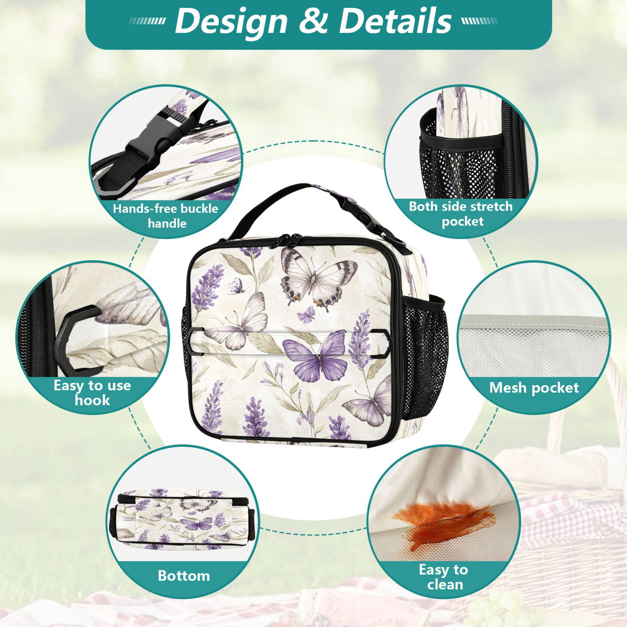 WOBOGO Purple Lavender and Butterfly Tote Lunch Bag High Quality Insulated Aluminium Film For Cold with Adjustable Shoulder Strap 11.2×9.8×3.5in