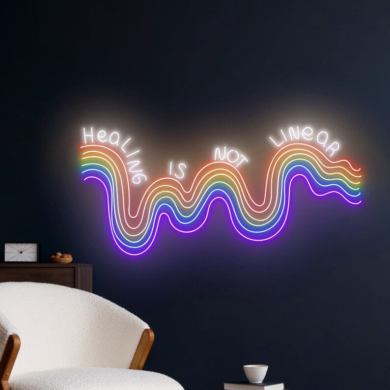 Handmadetneonsign Healing Is Not Linear Neon Sign, Positivity Wall Art Decor, Rainbow Wall Decor