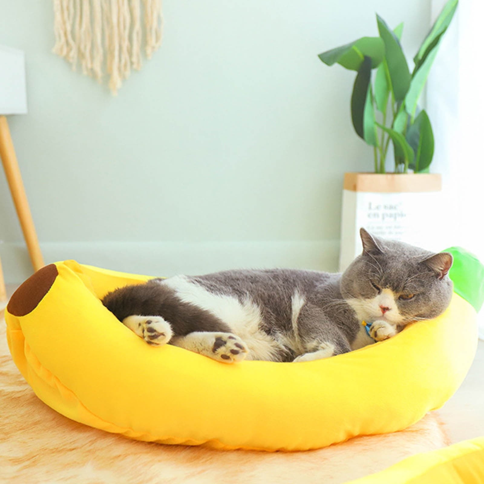 Banana Pet Bed, Washable Warming Plush Cat Bed Indoor Small Cat Dog House Calming Cat Mat Cozy Puppy Sleeping Bed All Season Pet Supplies with Removable Cushion