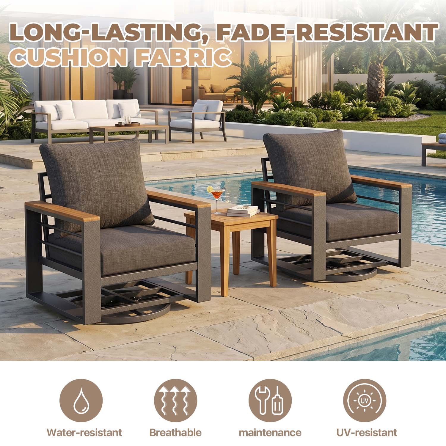 BaPiPro 2PCS Outdoor Swivel Patio Chairs, All Aluminum Frame with Wood-Look Armrest, 24 Inch Extra Wide Seat Fade Resistant Cushioned Single Sofa Chairs for Backyard Pool, Dark Gray