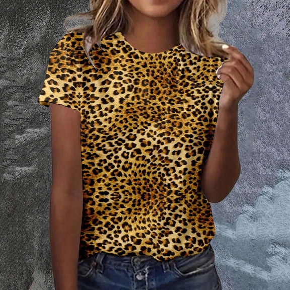 EliteGoogv Women Leopard Print Crew Neck Short Sleeve T-Shirt Casual Wild Animal Print Fashion Streetwear Tee Shirts Blouses Tunics Tops,Coffee,L