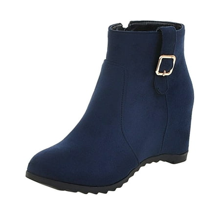 

XINSHIDE Women Mid-Calf Boots Female Fashion Solid Suede Belt Buckle Inner Wedge Heel Side Zipper Boots Fashion Shoes