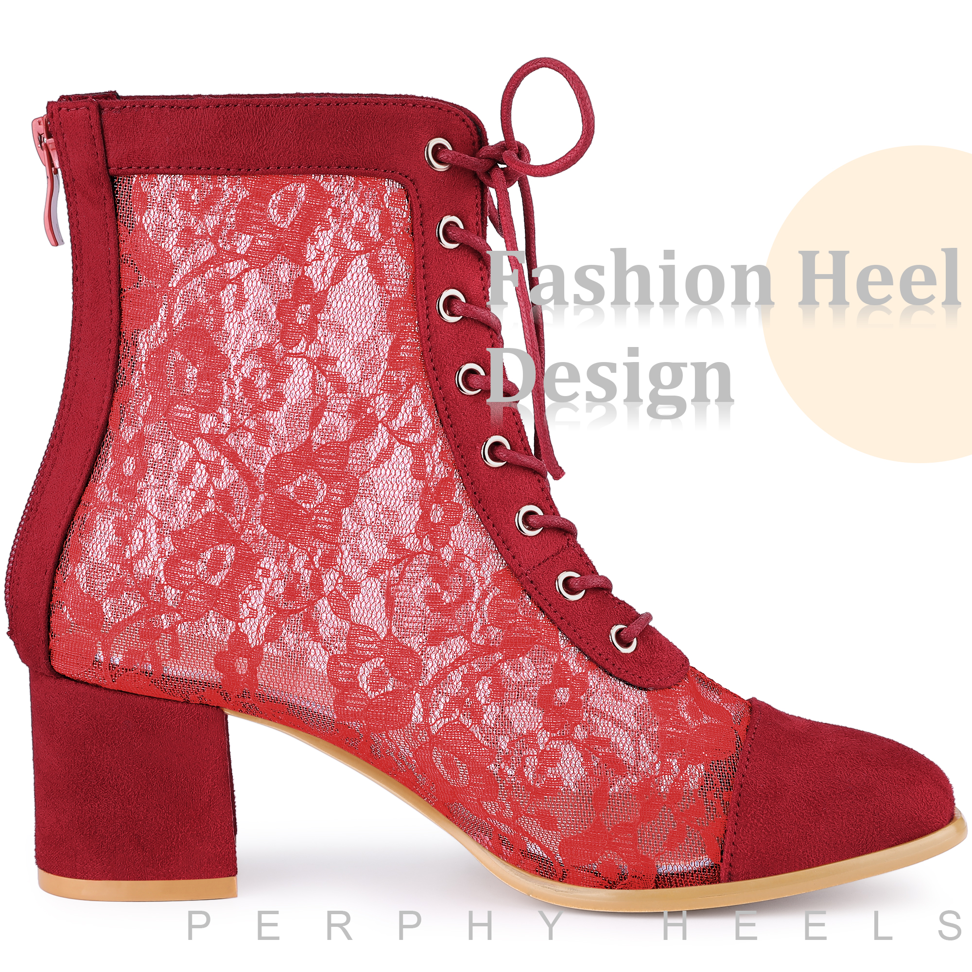 DARING DIVA Square Toe Flowers Lace Block Heels Ankle Boots Red 8
