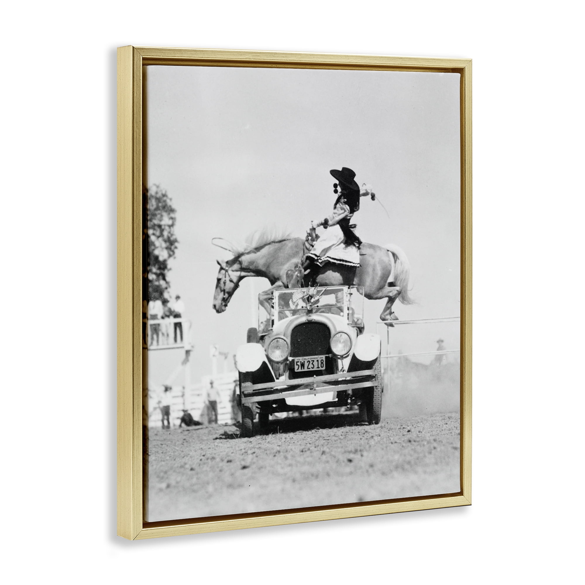 Stupell Industries Rodeo Girl Jumping Horse Animals Photography Gold Floater Framed Canvas Art Print Wall Art, 25 x 31