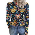 thumbnail image 7 of Womens Mardi Gras Shirts Sequins Feathers Print V Neck Tops Mask Print Long Sleeve Party Tunic Tops Sky Blue 2XL, 7 of 7