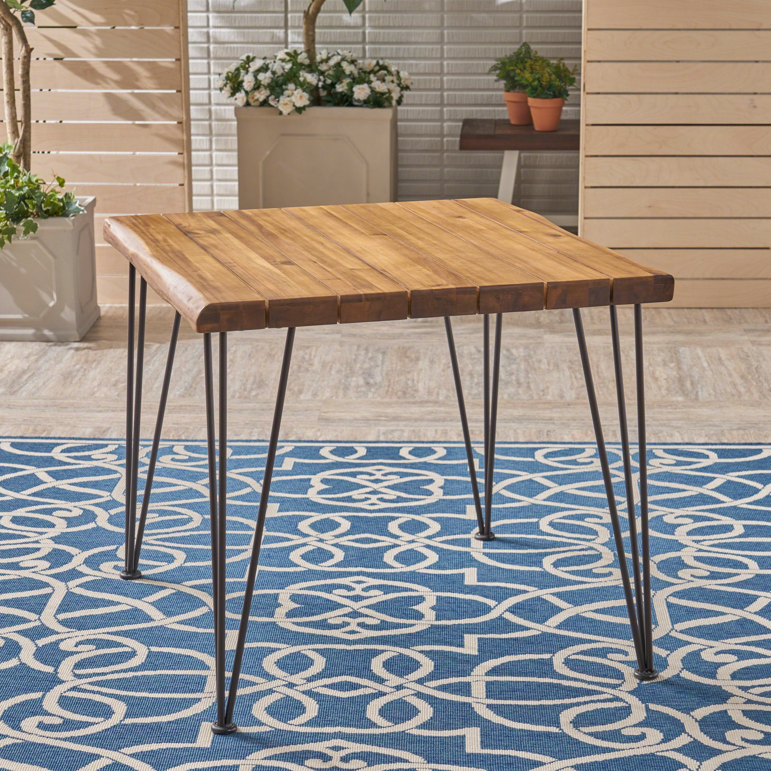 Industrial 32.5" Square Outdoor Dining Table – Solid Acacia Wood Top with Powder-Coated Metal Hairpin Legs, Weather-Resistant Patio Table for Balcony or Garden