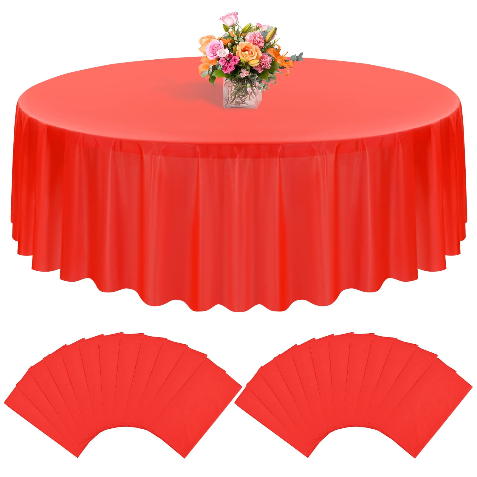 Pesonlook 24 Pack Red Round Table Cloth 84" Plastic Disposable Round Table Cover for 6ft Tables