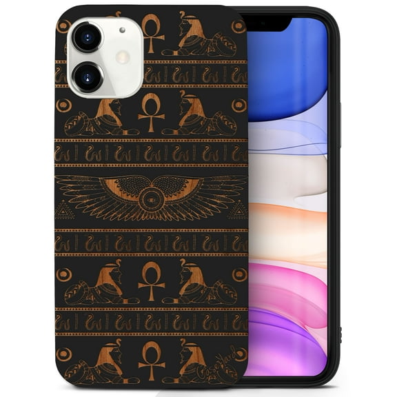 Case Yard Wooden Case for iPhone-12-Mini Soft TPU Silicone cover Slim Fit Shockproof Wood Protective Phone Cover for Girls Boys Men and Women Supports Wireless Charging Pharaoh Pattern Design