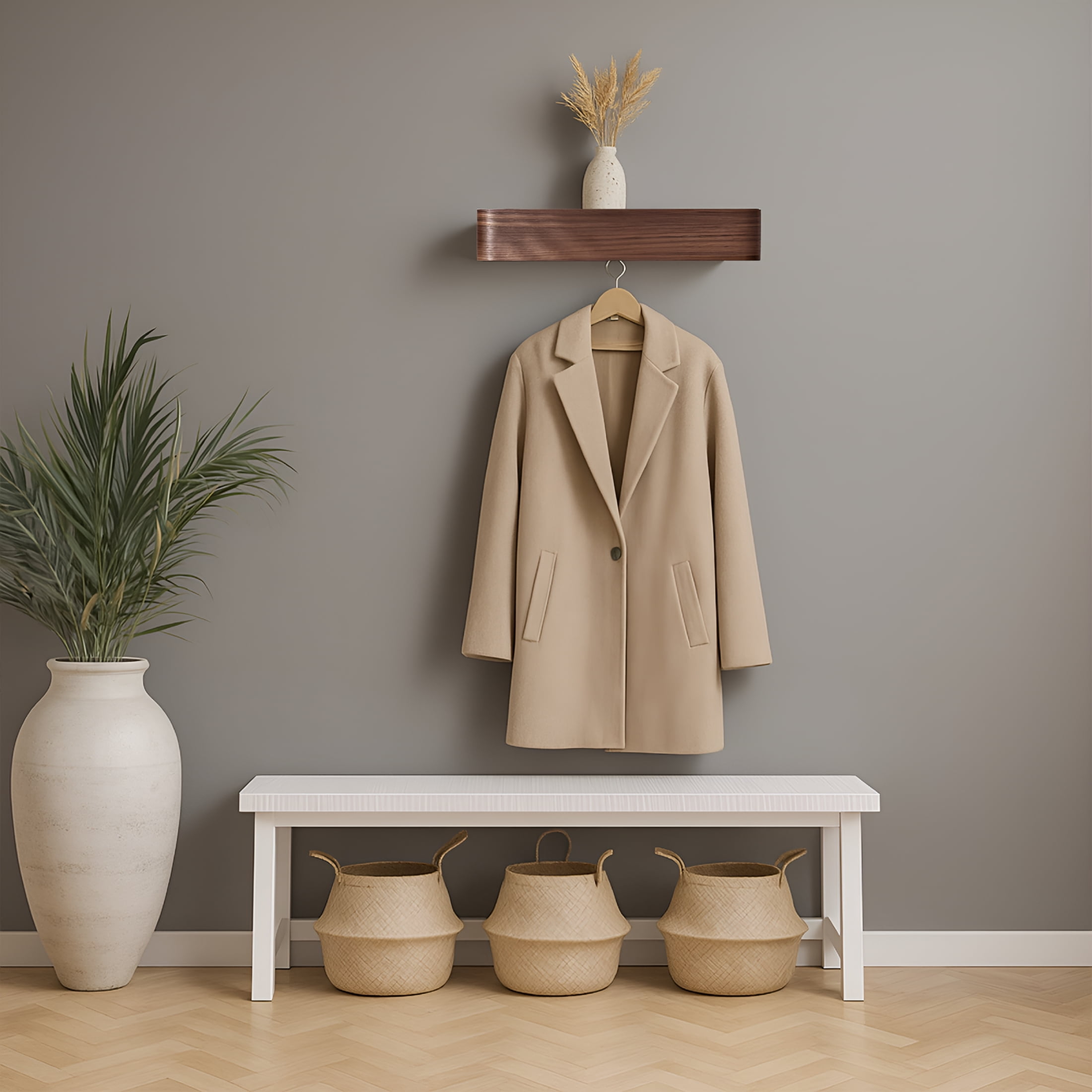 XIBUFE Wall-Mounted Coat Rack – Floating Wood Shelf with Hidden Hooks – Modern Entryway Organizer for Hallway or Closet (Walnut)