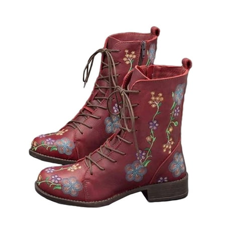 

Shakub Womens Flower Embroidery Retro Booties Winter Low Block Heels Boots Lace Up Side Zipper Shoes