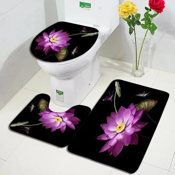 Pink Lotus Bath Mat Set Dragonfly Green Leaves Plant Flower Flannel Home Carpet Bathroom Decor Non-Slip Rugs Toilet Lid Cover