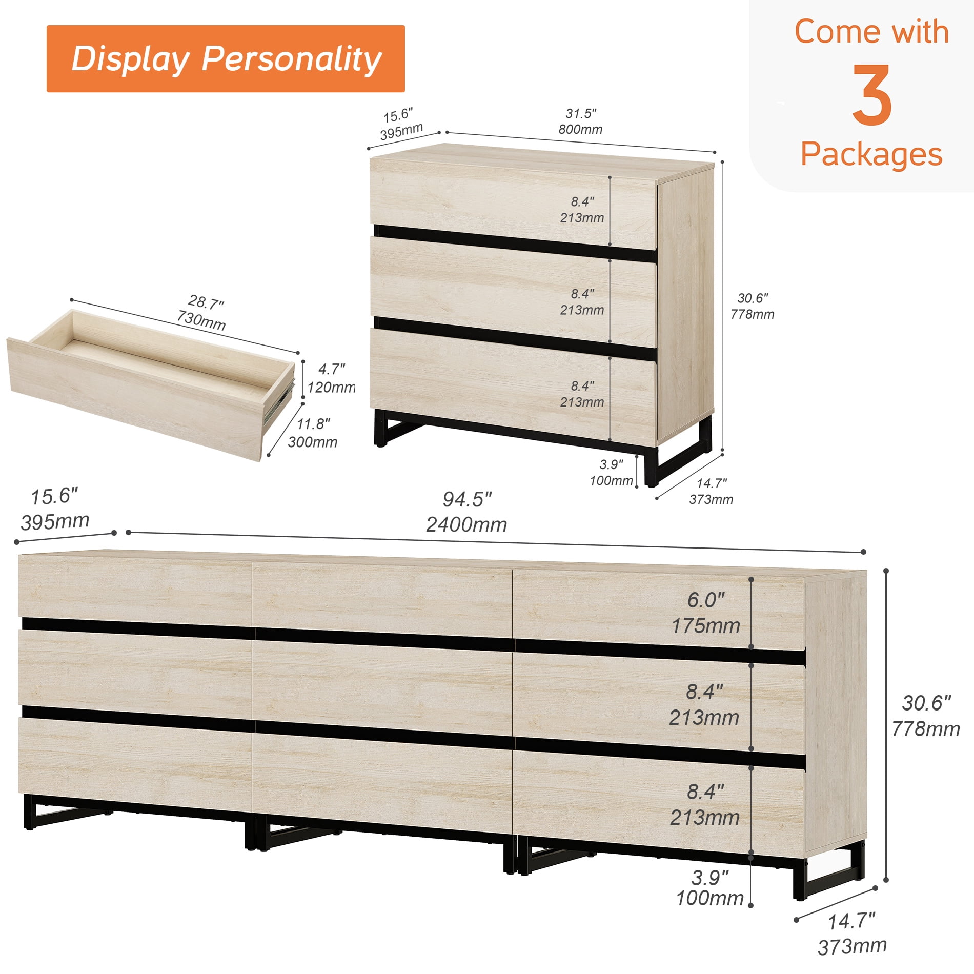 WAMPAT Dresser for Bedroom, Closet Organizers and Storage with 9 Drawers, Chest of Drawers with Metal Base, Wooden Modern Dresser for Living Room, Bedroom, Entryway, Light Oak