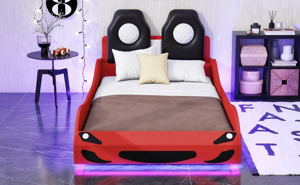 Wood Twin Size Race Car-Shaped Platform Bed in Red with LED and Upholstered Backrest for Ultimate Comfort and Safety