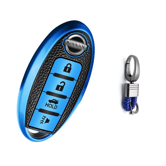 x xotic tech Blue TPU Grainy Leather Texture Key Fob Shell Cover Case w/ Keychain, Compatible with Nissan Altima Maxima Murano Sentra Versa Leaf 4-Button Smart Keyless Entry Key