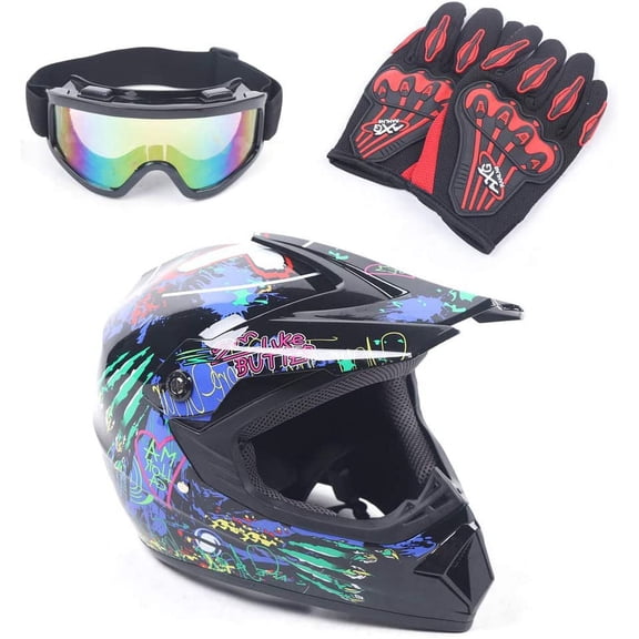 Youth Kids Offroad Gear Combo Helmet Gloves Goggles DOT Motocross Off-Road Racing ATV Dirt Bike Protector (#1, L)