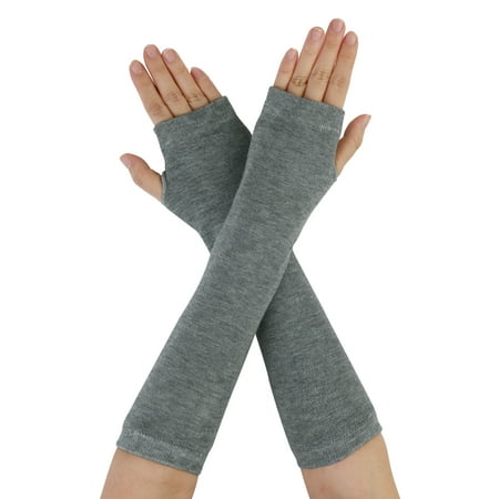 Gray Knitted Fingerless Long Gloves Arm Warmers for Lady Woman